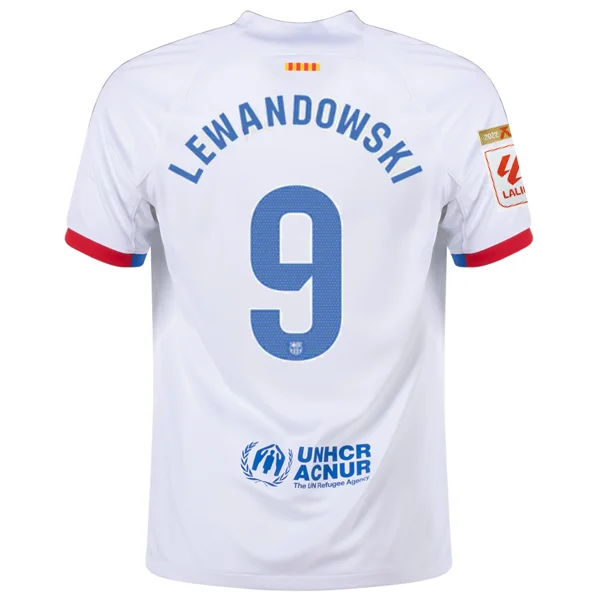 Nike Barcelona Robert Lewandowski Away Jersey w/ La Liga Champions Patches 23/24 (White/Royal Blue) Organic Nike Barcelona Robert Lewandowski Away Jersey w/ La Liga Champions Patches 23/24 (White/Royal Blue) Organic
