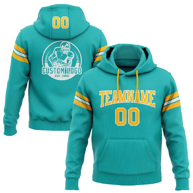 Custom Stitched Aqua Gold-White Football Pullover Sweatshirt Hoodie Artistic Men's Hand Custom Stitched Aqua Gold-White Football Pullover Sweatshirt Hoodie Artistic Men's Hand