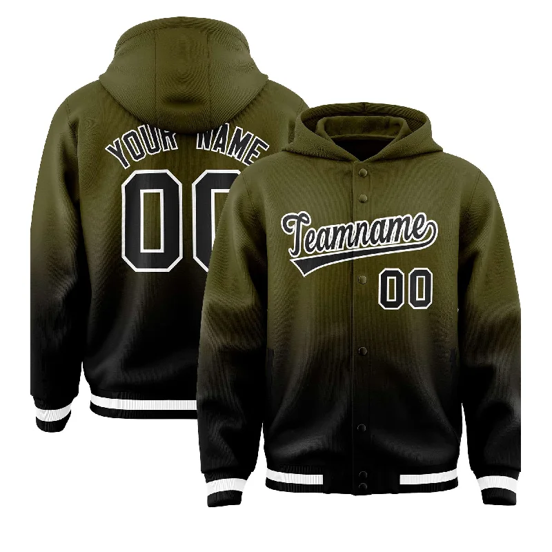 Custom Olive Black Varsity Full-Snap Letterman Gradient Jacket Hoodie Confident Men's Power Custom Olive Black Varsity Full-Snap Letterman Gradient Jacket Hoodie Confident Men's Power