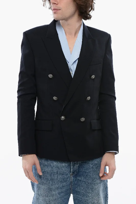 Balmain Double-Breasted Cotton Blend Blazer With Peak Lapel Cozy Men's Sherpa