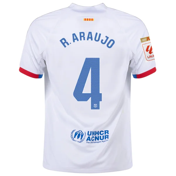 Nike Barcelona Ronald Araujo Away Jersey w/ La Liga Champions Patches 23/24 (White/Royal Blue) Unique Men's Patch Nike Barcelona Ronald Araujo Away Jersey w/ La Liga Champions Patches 23/24 (White/Royal Blue) Unique Men's Patch