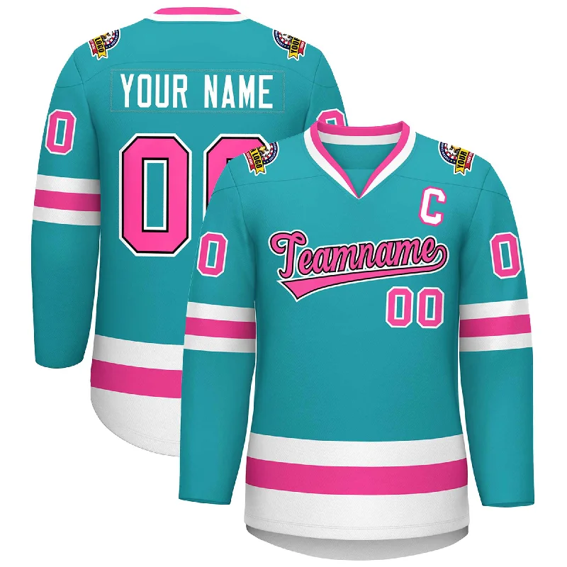 Custom Aqua Pink Navy-White Classic Style Hockey Jersey Athletic Men's Compression