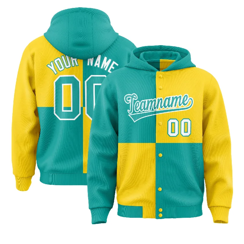 Custom Aqua Gold Varsity Full-Snap Four Squares Color Block Letterman Jacket Hoodie Street Custom Aqua Gold Varsity Full-Snap Four Squares Color Block Letterman Jacket Hoodie Street
