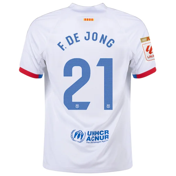 Nike Barcelona Frenkie de Jong Away Jersey w/ La Liga Champions Patches 23/24 (White/Royal Blue) Practical Men's Quick Nike Barcelona Frenkie de Jong Away Jersey w/ La Liga Champions Patches 23/24 (White/Royal Blue) Practical Men's Quick