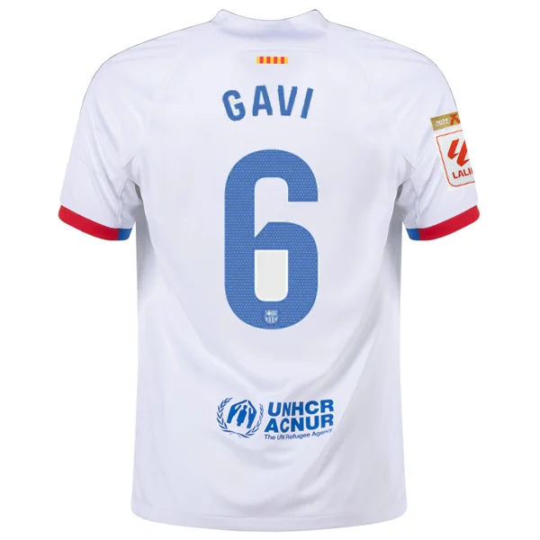 Nike Barcelona Gavi Away Jersey w/ La Liga Champions Patches 23/24 (White/Royal Blue) Traditional Men's Wool