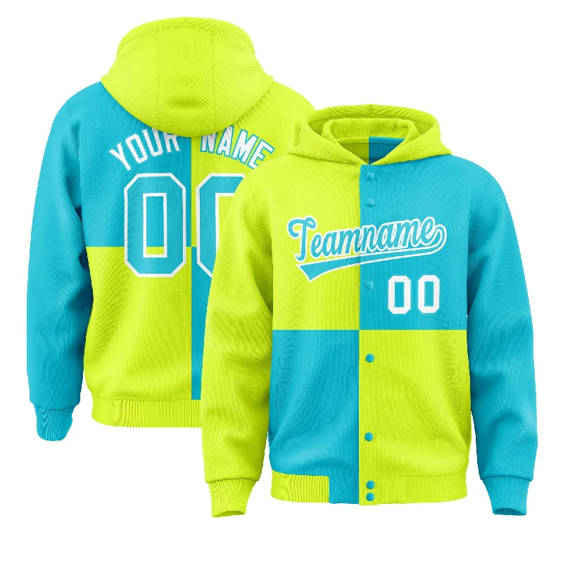 Custom Green Sky Blue Varsity Full-Snap Four Squares Color Block Letterman Jacket Hoodie Trendy Men's Bucket Custom Green Sky Blue Varsity Full-Snap Four Squares Color Block Letterman Jacket Hoodie Trendy Men's Bucket