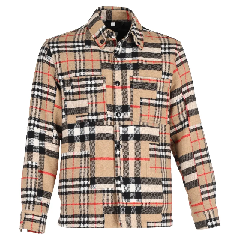 Burberry Check-Pattern Patchwork Oversized Overshirt in Beige Wool Casual Men's Japanese 