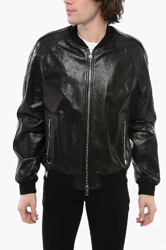 Balmain Leather Bomber Fit Jacket With Logoed Elastic Band Polished Men's Satin