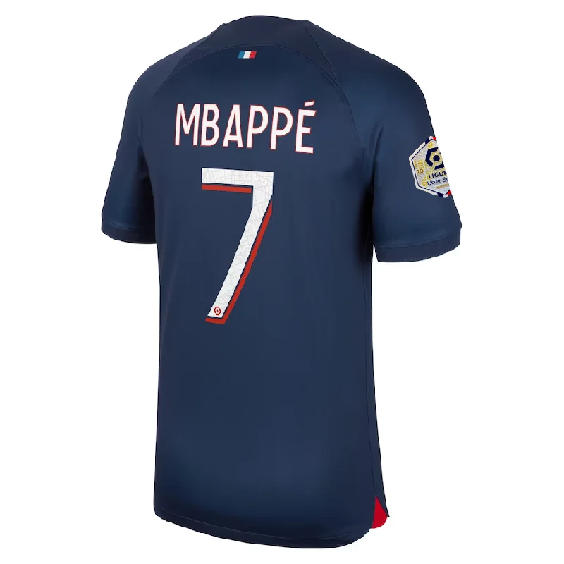Nike Paris Saint-Germain Kylian Mbappé Home Jersey w/ Ligue 1 Champions Patch 23/24 (Midnight Navy) Hip Men's Retro Nike Paris Saint-Germain Kylian Mbappé Home Jersey w/ Ligue 1 Champions Patch 23/24 (Midnight Navy) Hip Men's Retro