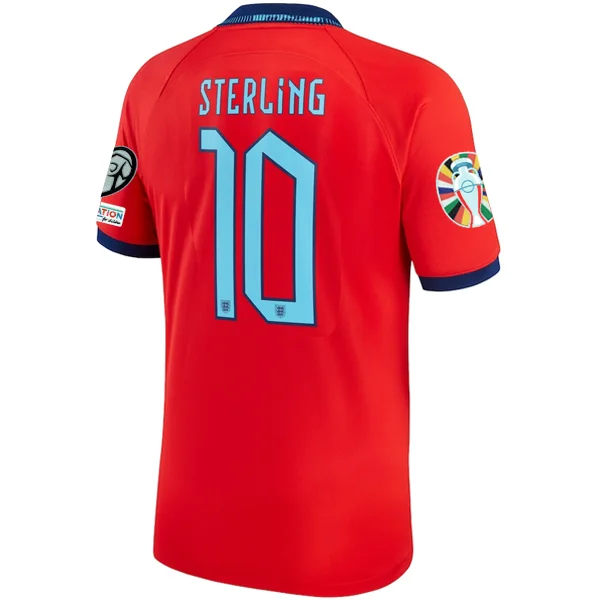 Nike England Raheem Sterling Away Jersey 22/23 w/ Euro Qualifier Patches (Challenge Red/Blue Void) Casual Men's Loose Nike England Raheem Sterling Away Jersey 22/23 w/ Euro Qualifier Patches (Challenge Red/Blue Void) Casual Men's Loose