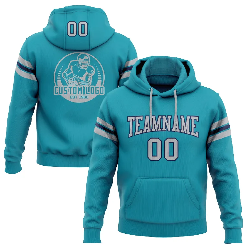 Custom Stitched Teal Gray-Navy Football Pullover Sweatshirt Hoodie Laid