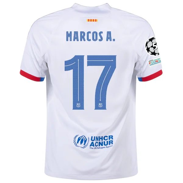 Nike Barcelona Marcos Alonso Away Jersey w/ Champions League Patches 23/24 (White/Royal Blue) Dapper Men's Bow Nike Barcelona Marcos Alonso Away Jersey w/ Champions League Patches 23/24 (White/Royal Blue) Dapper Men's Bow