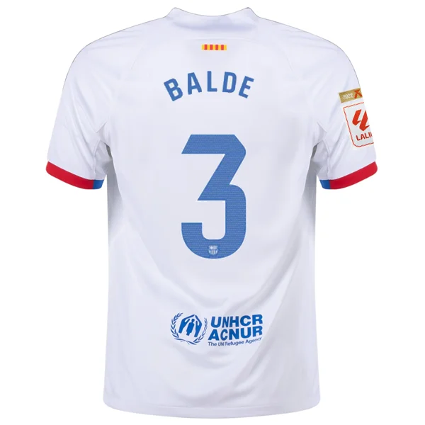 Nike Barcelona Alejandro Balde Away Jersey w/ La Liga Champions Patches 23/24 (White/Royal Blue) Hip Men's Retro Nike Barcelona Alejandro Balde Away Jersey w/ La Liga Champions Patches 23/24 (White/Royal Blue) Hip Men's Retro