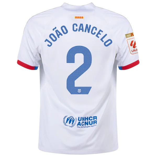 Nike Barcelona João Cancelo Away Jersey w/ La Liga Champions Patches 23/24 (White/Royal Blue) Classic Men's Pin Nike Barcelona João Cancelo Away Jersey w/ La Liga Champions Patches 23/24 (White/Royal Blue) Classic Men's Pin