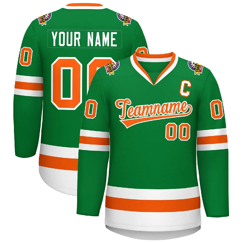 Custom Kelly Green Orange-White Classic Style Hockey Jersey Polished Men's Satin