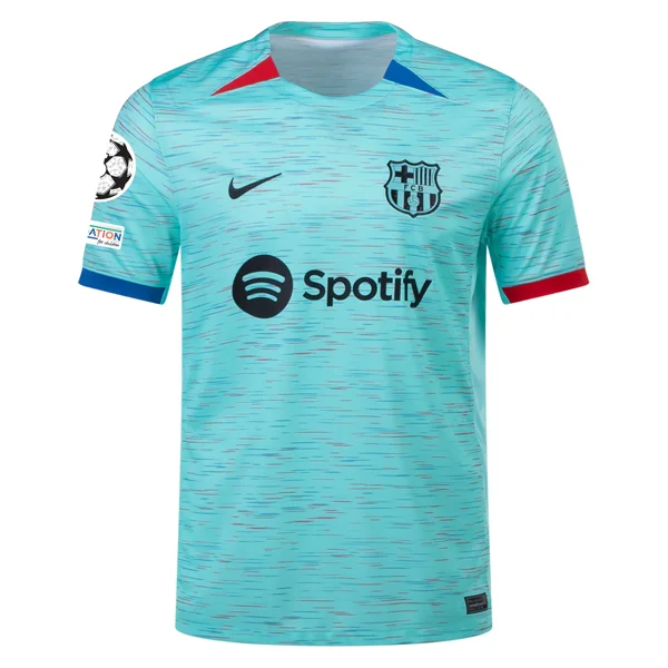 Nike Barcelona Third Jersey w/ Champions League Patches 23/24 (Light Aqua/Royal Blue) Sophisticated Men's Nike Barcelona Third Jersey w/ Champions League Patches 23/24 (Light Aqua/Royal Blue) Sophisticated Men's