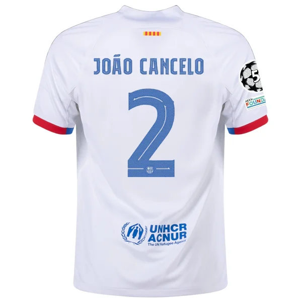 Nike Barcelona João Cancelo Away Jersey w/ Champions League Patches 23/24 (White/Royal Blue) Trendy Men's Scandinavian Nike Barcelona João Cancelo Away Jersey w/ Champions League Patches 23/24 (White/Royal Blue) Trendy Men's Scandinavian