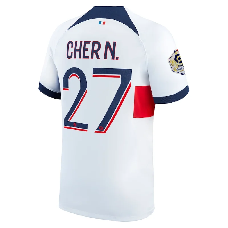 Nike Paris Saint-Germain Cher Ndour Away Jersey w/ Ligue 1 Patch 23/24 (White/Midnight Navy) Sleek Men's Metallic Nike Paris Saint-Germain Cher Ndour Away Jersey w/ Ligue 1 Patch 23/24 (White/Midnight Navy) Sleek Men's Metallic