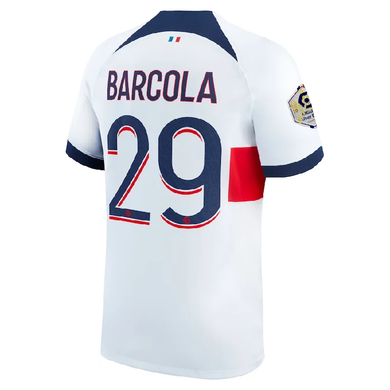Nike Paris Saint-Germain Bradley Barcola Away Jersey w/ Ligue 1 Patch 23/24 (White/Midnight Navy) Masculine Men's Thick Nike Paris Saint-Germain Bradley Barcola Away Jersey w/ Ligue 1 Patch 23/24 (White/Midnight Navy) Masculine Men's Thick