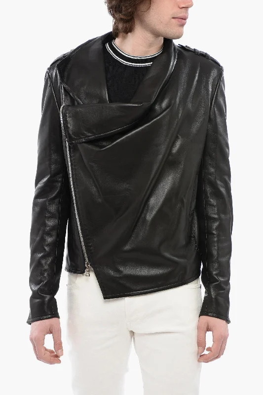 Balmain Front Draped Leather Jacket With Decentralized Zip Dynamic Men's Glow