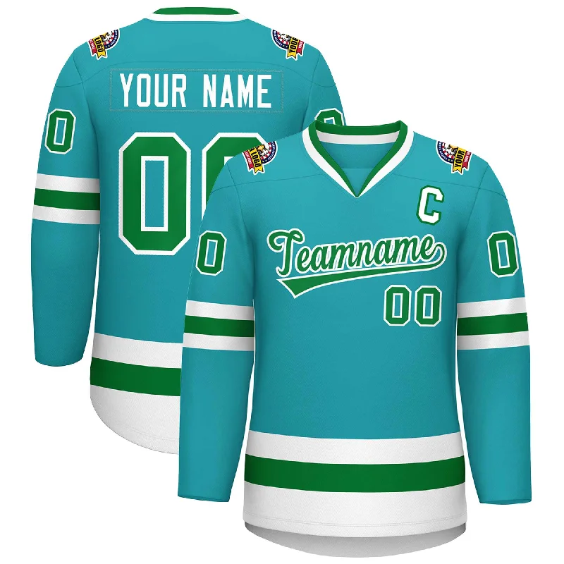 Custom Aqua Kelly Green-White Classic Style Hockey Jersey Refined Men's Hand