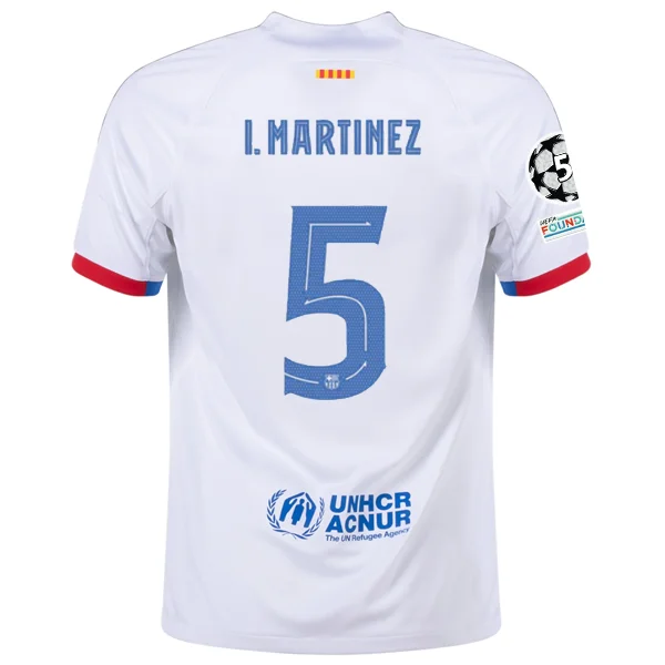 Nike Barcelona Iñigo Martinez Away Jersey w/ Champions League Patches 23/24 (White/Royal Blue) Cozy Men's Sherpa Nike Barcelona Iñigo Martinez Away Jersey w/ Champions League Patches 23/24 (White/Royal Blue) Cozy Men's Sherpa