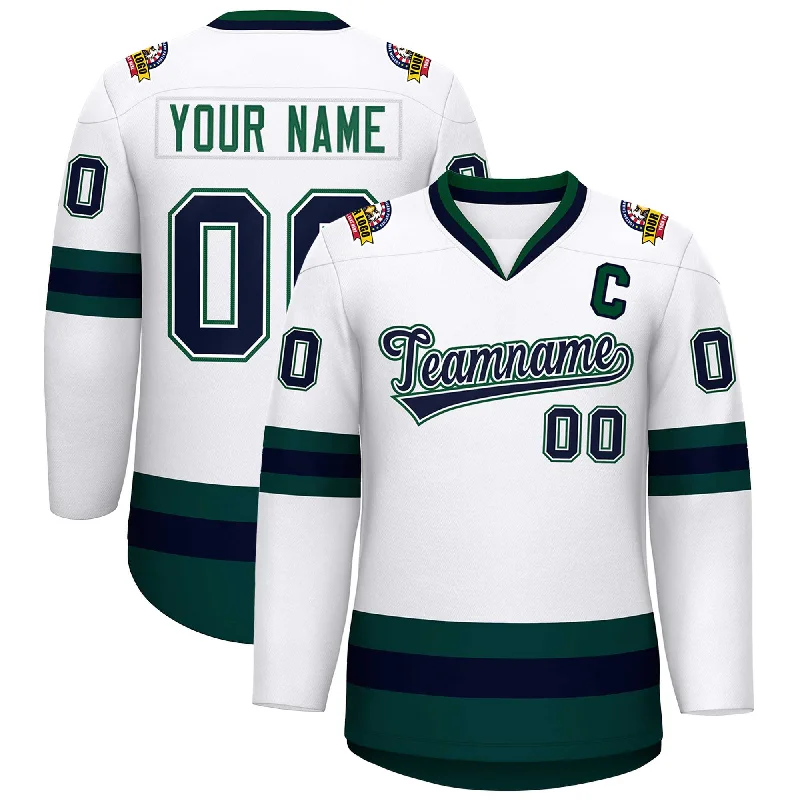 Custom White Navy White-Green Classic Style Hockey Jersey Polished Men's Satin