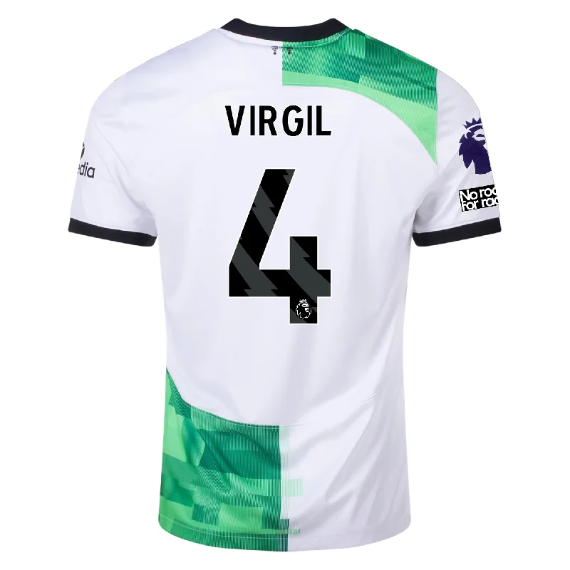 Nike Liverpool Away Virgil Van Dijk Jersey w/ EPL + No Room For Racism Patches 23/24 (White/Green Spark) Refined Men's European Nike Liverpool Away Virgil Van Dijk Jersey w/ EPL + No Room For Racism Patches 23/24 (White/Green Spark) Refined Men's European