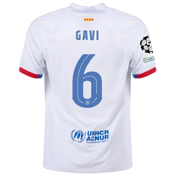 Nike Barcelona Gavi Away Jersey w/ Champions League Patches 23/24 (White/Royal Blue) British Gentleman Style Nike Barcelona Gavi Away Jersey w/ Champions League Patches 23/24 (White/Royal Blue) British Gentleman Style