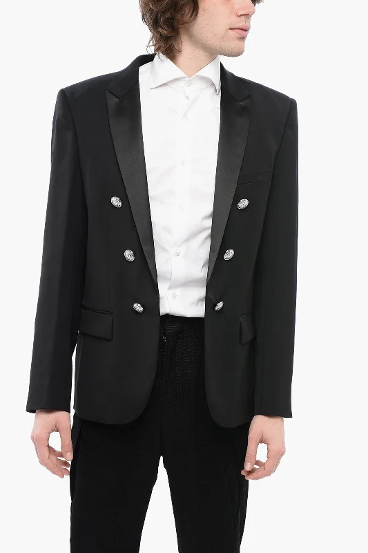 Balmain Double-Breasted Wool Blend Blazer With Satin Lapel British Gentleman Style