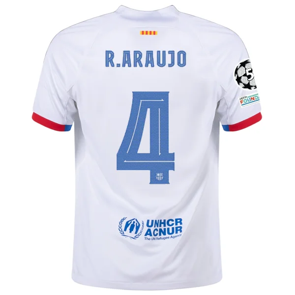 Nike Barcelona Ronald Araujo Away Jersey w/ Champions League Patches 23/24 (White/Royal Blue) Vacation Nike Barcelona Ronald Araujo Away Jersey w/ Champions League Patches 23/24 (White/Royal Blue) Vacation