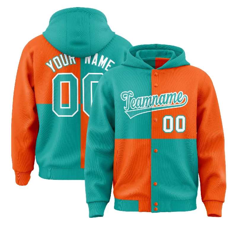 Custom Aqua Orange Varsity Full-Snap Four Squares Color Block Letterman Jacket Hoodie Youthful Men's Pop Custom Aqua Orange Varsity Full-Snap Four Squares Color Block Letterman Jacket Hoodie Youthful Men's Pop