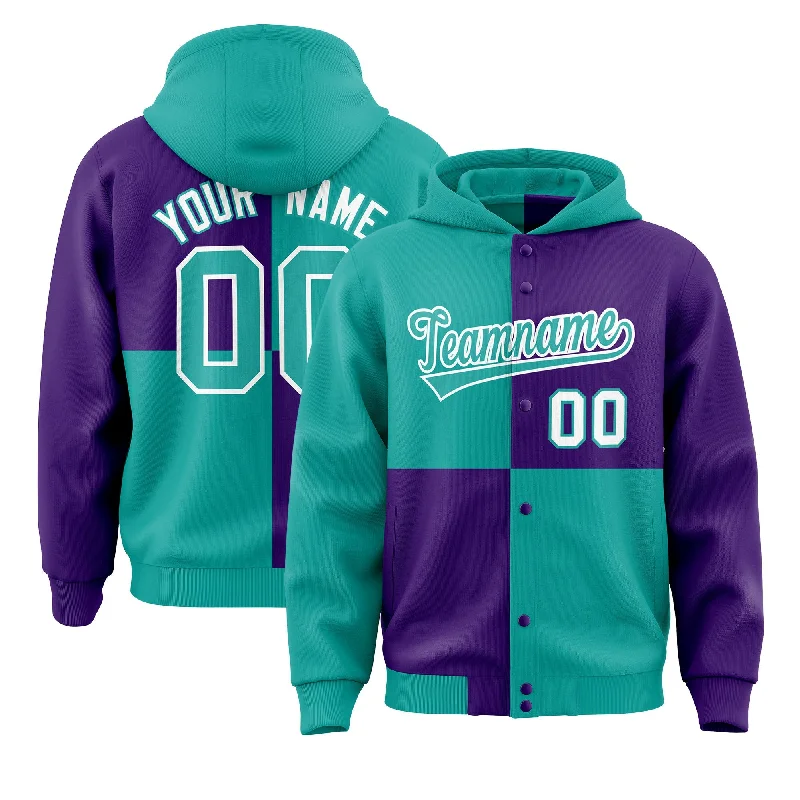 Custom Aqua Purple Varsity Full-Snap Four Squares Color Block Letterman Jacket Hoodie Vacation Custom Aqua Purple Varsity Full-Snap Four Squares Color Block Letterman Jacket Hoodie Vacation