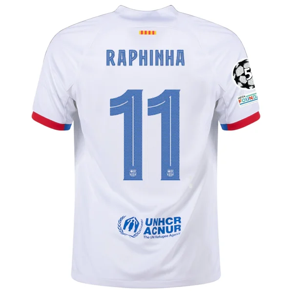 Nike Barcelona Raphinha Away Jersey w/ Champions League Patches 23/24 (White/Royal Blue) Bold Men's Animal Nike Barcelona Raphinha Away Jersey w/ Champions League Patches 23/24 (White/Royal Blue) Bold Men's Animal