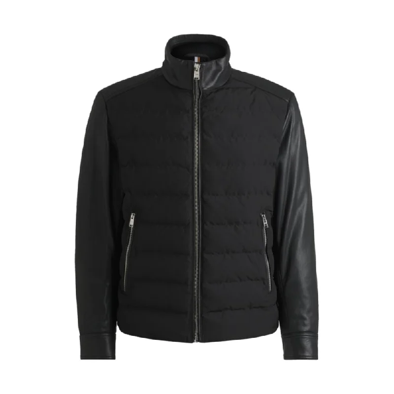 Mixed-material regular-fit jacket with leather sleeves Polished Men's Satin