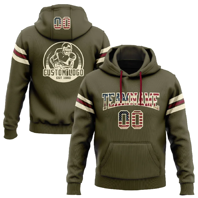 Custom Stitched Olive Vintage USA Flag Cream-Crimson Football Pullover Sweatshirt Salute To Service Hoodie Cozy Men's Sherpa Custom Stitched Olive Vintage USA Flag Cream-Crimson Football Pullover Sweatshirt Salute To Service Hoodie Cozy Men's Sherpa