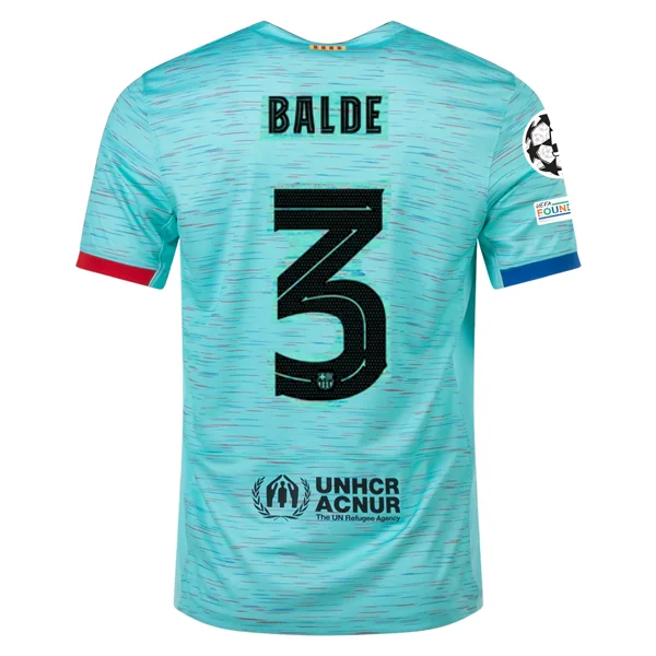 Nike Barcelona Alejandro Balde Third Jersey w/ Champions League Patches 23/24 (Light Aqua/Royal Blue) Unique Men's Upcycled Nike Barcelona Alejandro Balde Third Jersey w/ Champions League Patches 23/24 (Light Aqua/Royal Blue) Unique Men's Upcycled