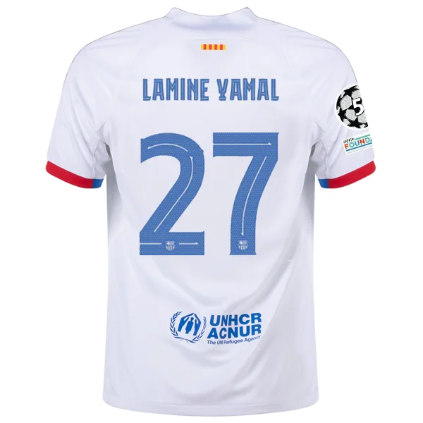 Nike Barcelona Lamine Yamal Away Jersey w/ Champions League Patches 23/24 (White/Royal Blue) Casual Men's Short Nike Barcelona Lamine Yamal Away Jersey w/ Champions League Patches 23/24 (White/Royal Blue) Casual Men's Short