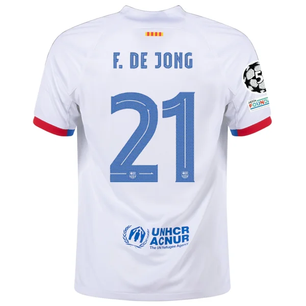 Nike Barcelona Frenkie de Jong Away Jersey w/ Champions League Patches 23/24 (White/Royal Blue) Sharp Men's Italian Nike Barcelona Frenkie de Jong Away Jersey w/ Champions League Patches 23/24 (White/Royal Blue) Sharp Men's Italian