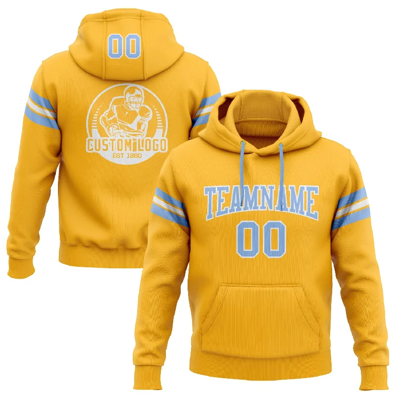 Custom Stitched Gold Light Blue-White Football Pullover Sweatshirt Hoodie Adventure