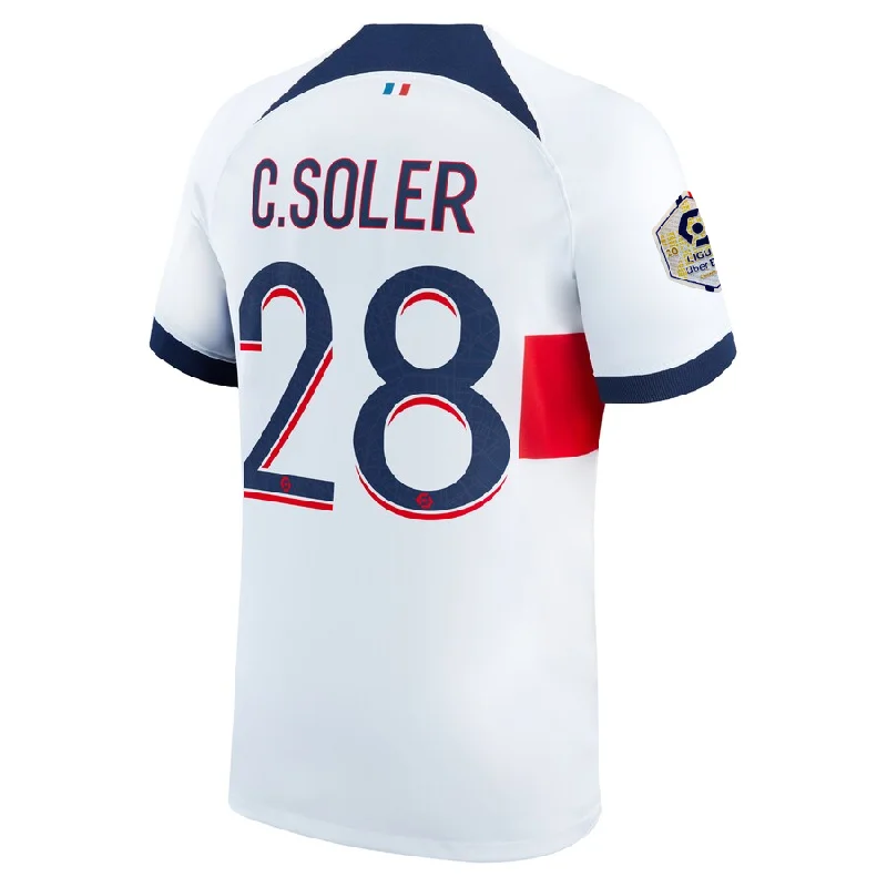 Nike Paris Saint-Germain Carlos Soler Away Jersey w/ Ligue 1 Patch 23/24 (White/Midnight Navy) Traditional Men's Wool Nike Paris Saint-Germain Carlos Soler Away Jersey w/ Ligue 1 Patch 23/24 (White/Midnight Navy) Traditional Men's Wool