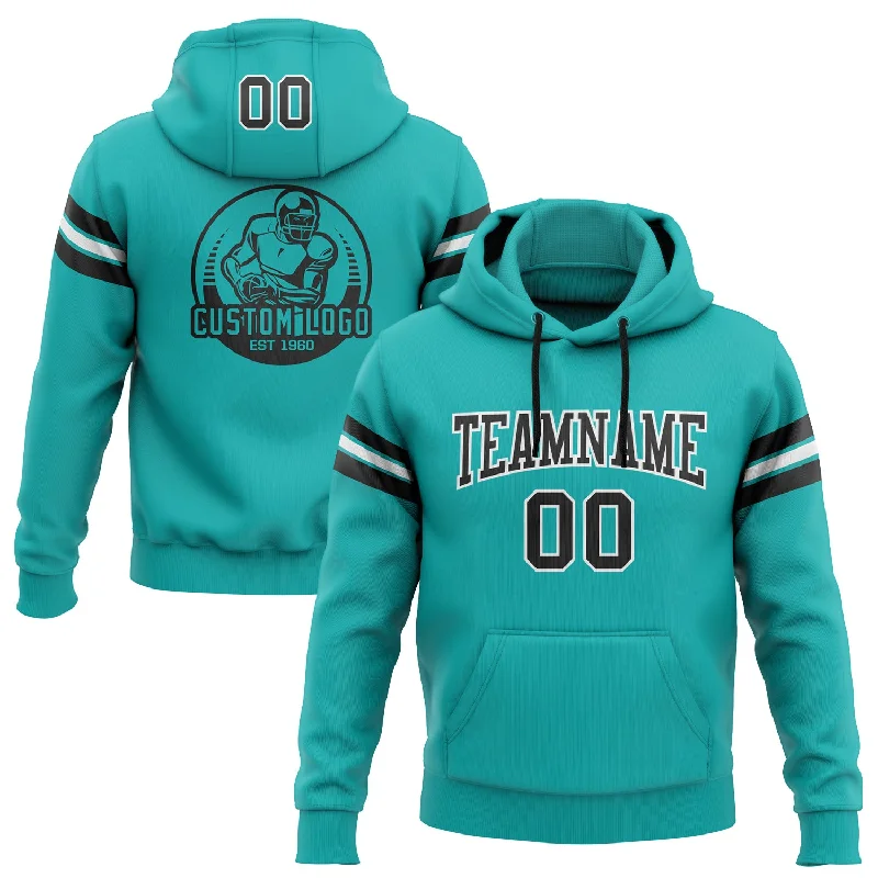 Custom Stitched Aqua Black-White Football Pullover Sweatshirt Hoodie Cool Men's Distressed Custom Stitched Aqua Black-White Football Pullover Sweatshirt Hoodie Cool Men's Distressed