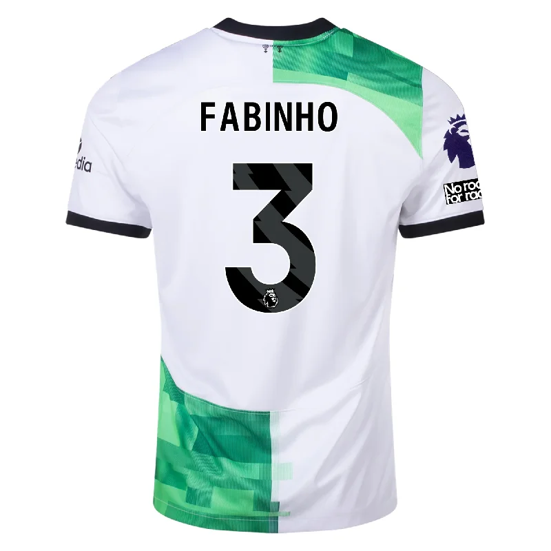 Nike Liverpool Away Fabinho Jersey w/ EPL + No Room For Racism Patches 23/24 (White/Green Spark) Artistic Men's Avant Nike Liverpool Away Fabinho Jersey w/ EPL + No Room For Racism Patches 23/24 (White/Green Spark) Artistic Men's Avant