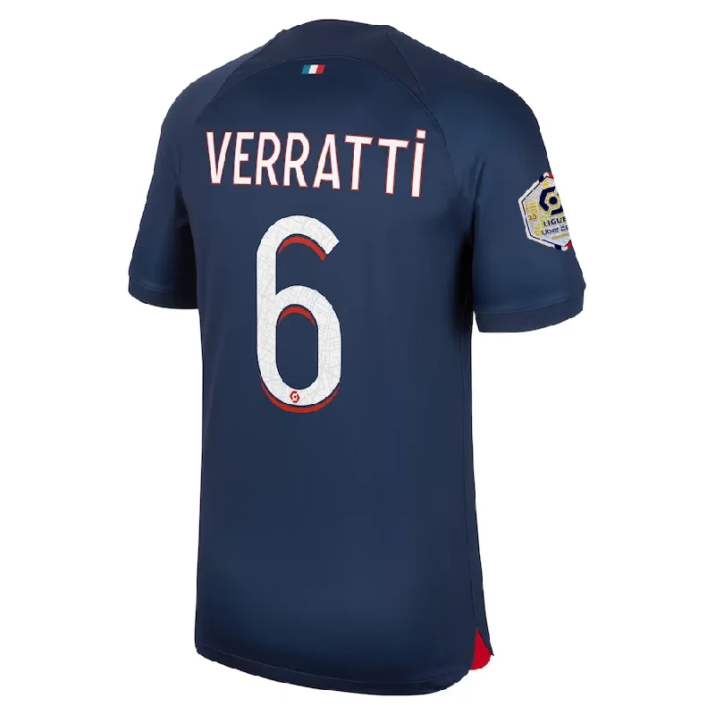 Nike Paris Saint-Germain Marco Verratti Home Jersey w/ Ligue 1 Champions Patch 23/24 (Midnight Navy) Dapper Men's Bow Nike Paris Saint-Germain Marco Verratti Home Jersey w/ Ligue 1 Champions Patch 23/24 (Midnight Navy) Dapper Men's Bow