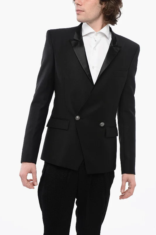Balmain Double-Breasted Wool Blazer With Satin Peak Lapel Elegant Men's Cashmere