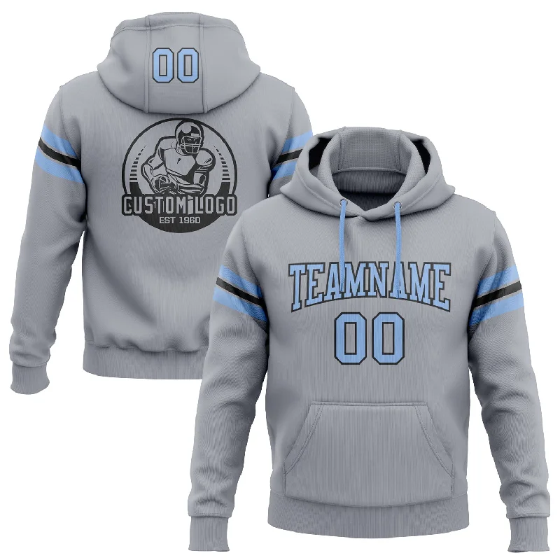 Custom Stitched Gray Light Blue-Black Football Pullover Sweatshirt Hoodie Monochromatic Office Style Custom Stitched Gray Light Blue-Black Football Pullover Sweatshirt Hoodie Monochromatic Office Style