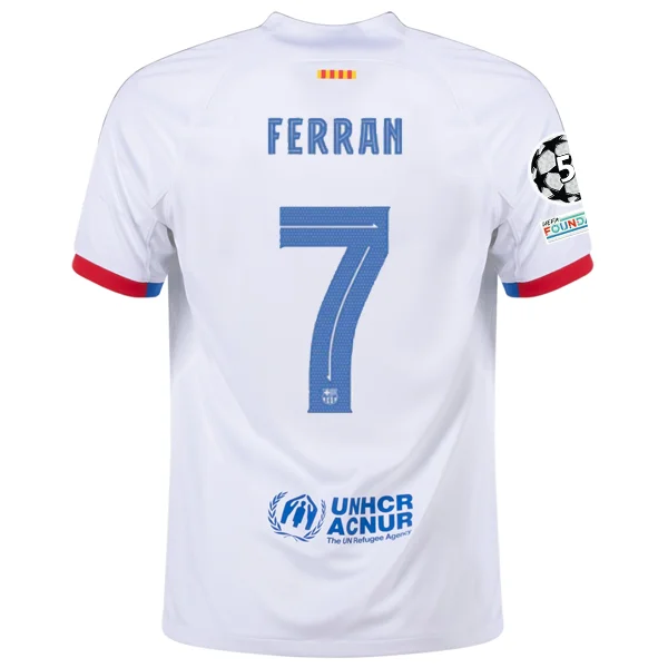 Nike Barcelona Ferran Torres Away Jersey w/ Champions League Patches 23/24 (White/Royal Blue) Edgy Men's Punk Nike Barcelona Ferran Torres Away Jersey w/ Champions League Patches 23/24 (White/Royal Blue) Edgy Men's Punk