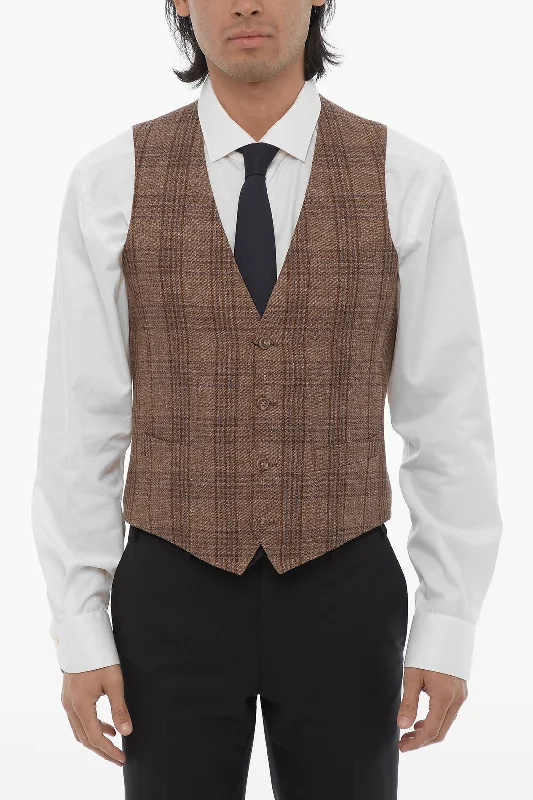 Corneliani Cc Collection Plaid Check Flax Blend Vest British Gentleman Style