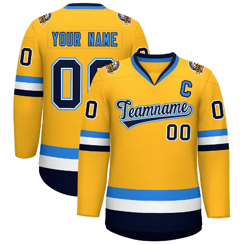 Custom Gold Navy White-Powder Blue Classic Style Hockey Jersey Modern Men's Tech
