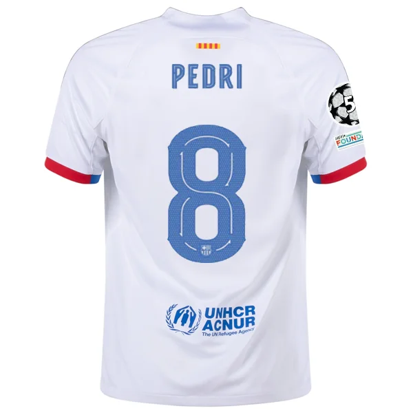 Nike Barcelona Pedri Away Jersey w/ Champions League Patches 23/24 (White/Royal Blue) Youthful Men's Anime